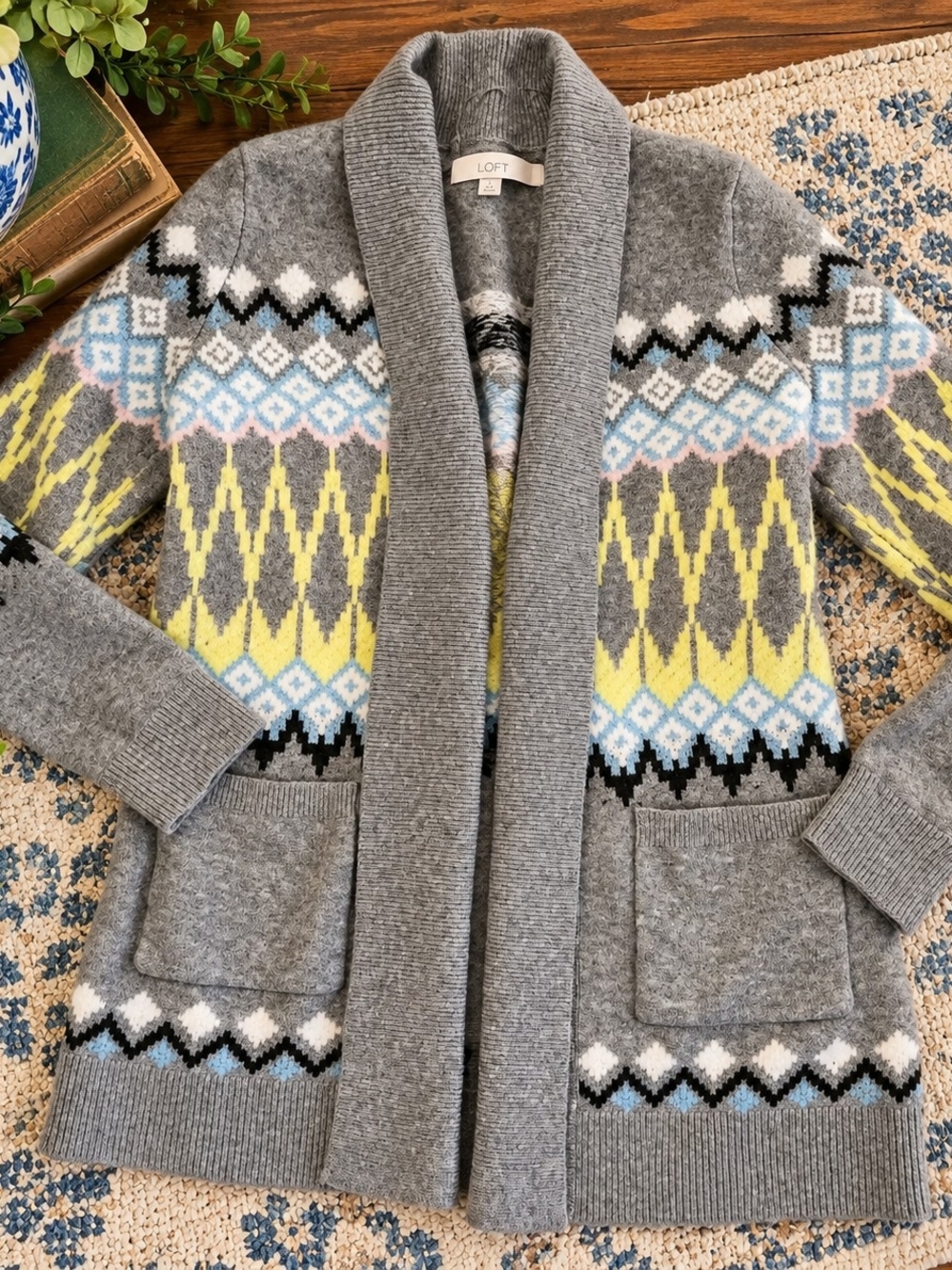LOFT Gray Fair Isle Shawl Cardigan with Yellow & Light Blue Accents Sz Medium